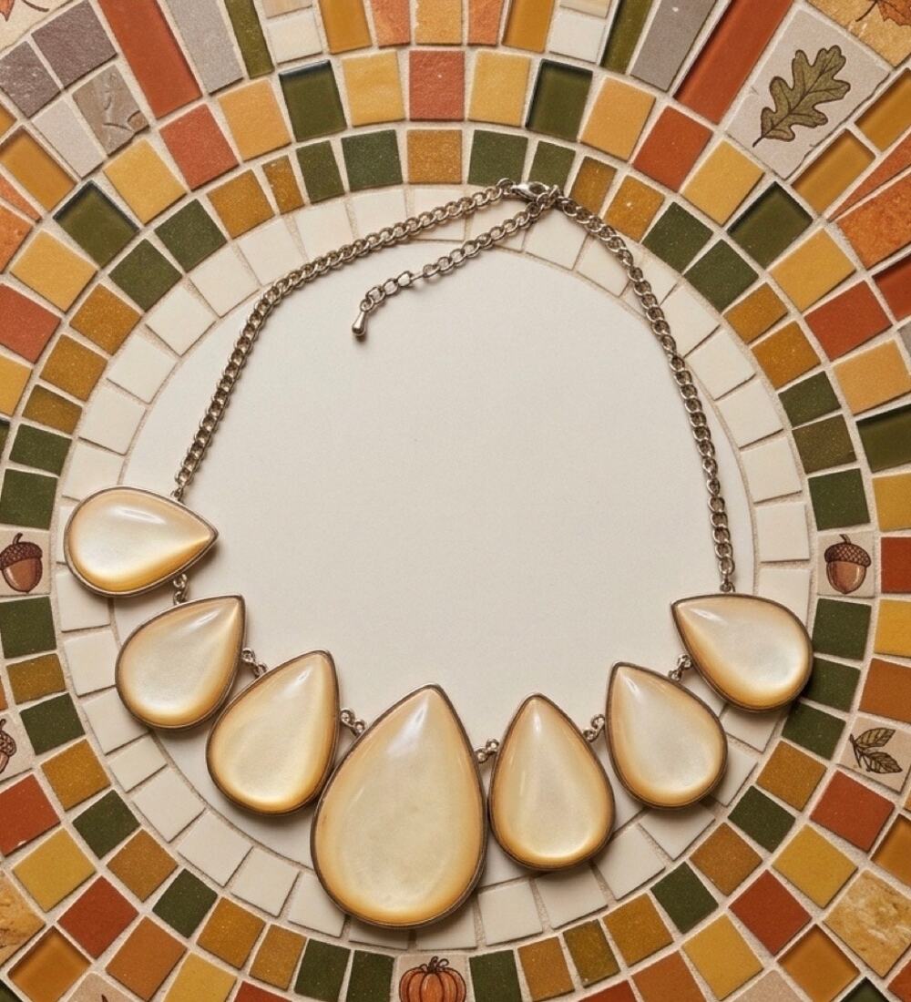 Pearlescent Teardrop Cabochon Bib Necklace Gold Tone